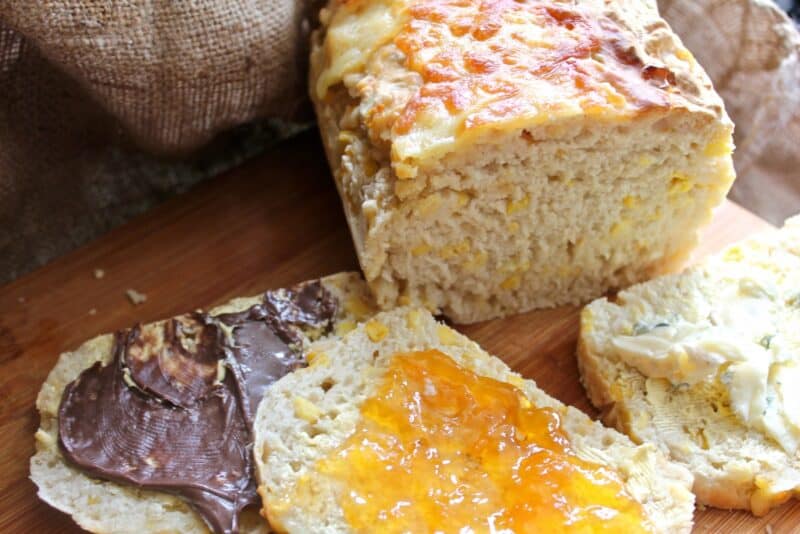 beer corn bread with various spreads