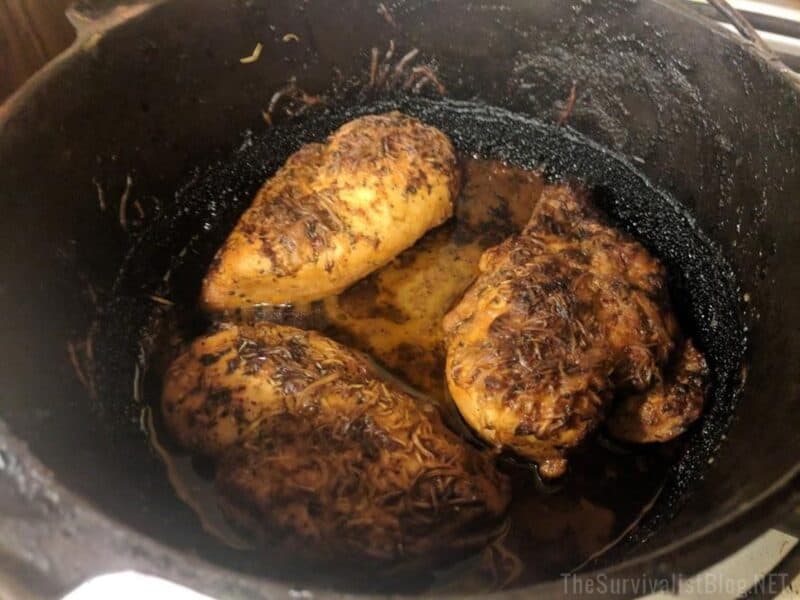 marinated chicken in cast iron skillet